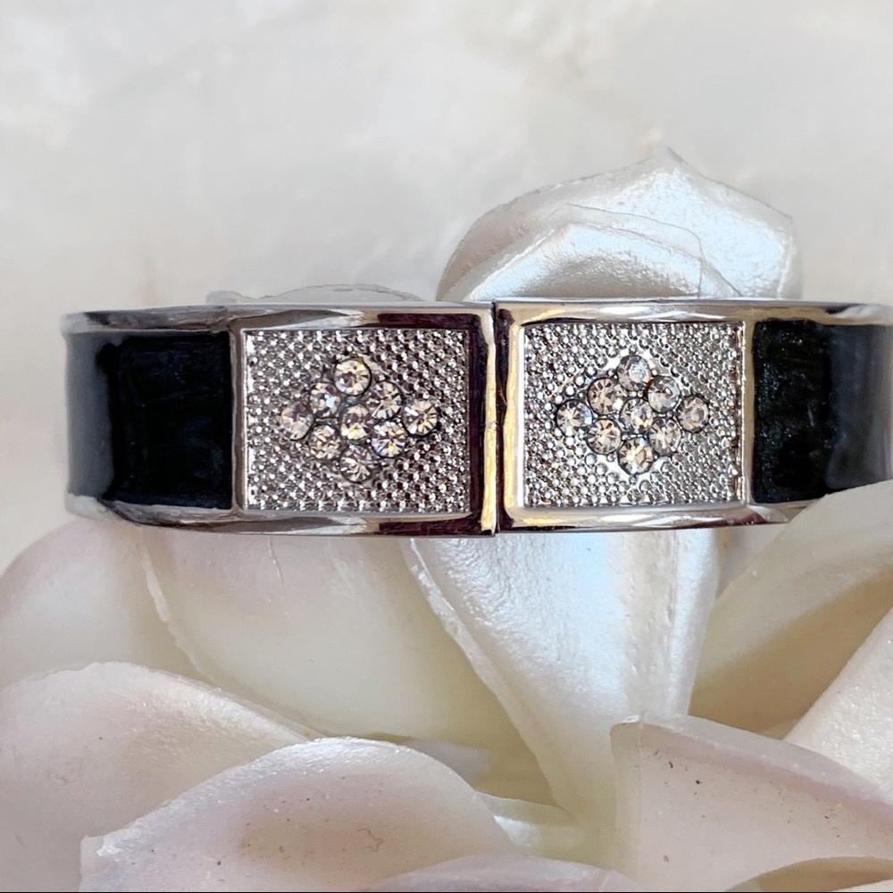 Silver Black Enamel Rhinestone Bangle Bracelet NEW